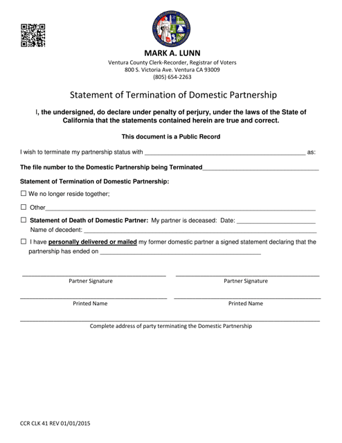 Form CCR CLK41 Statement of Termination of Domestic Partnership - California