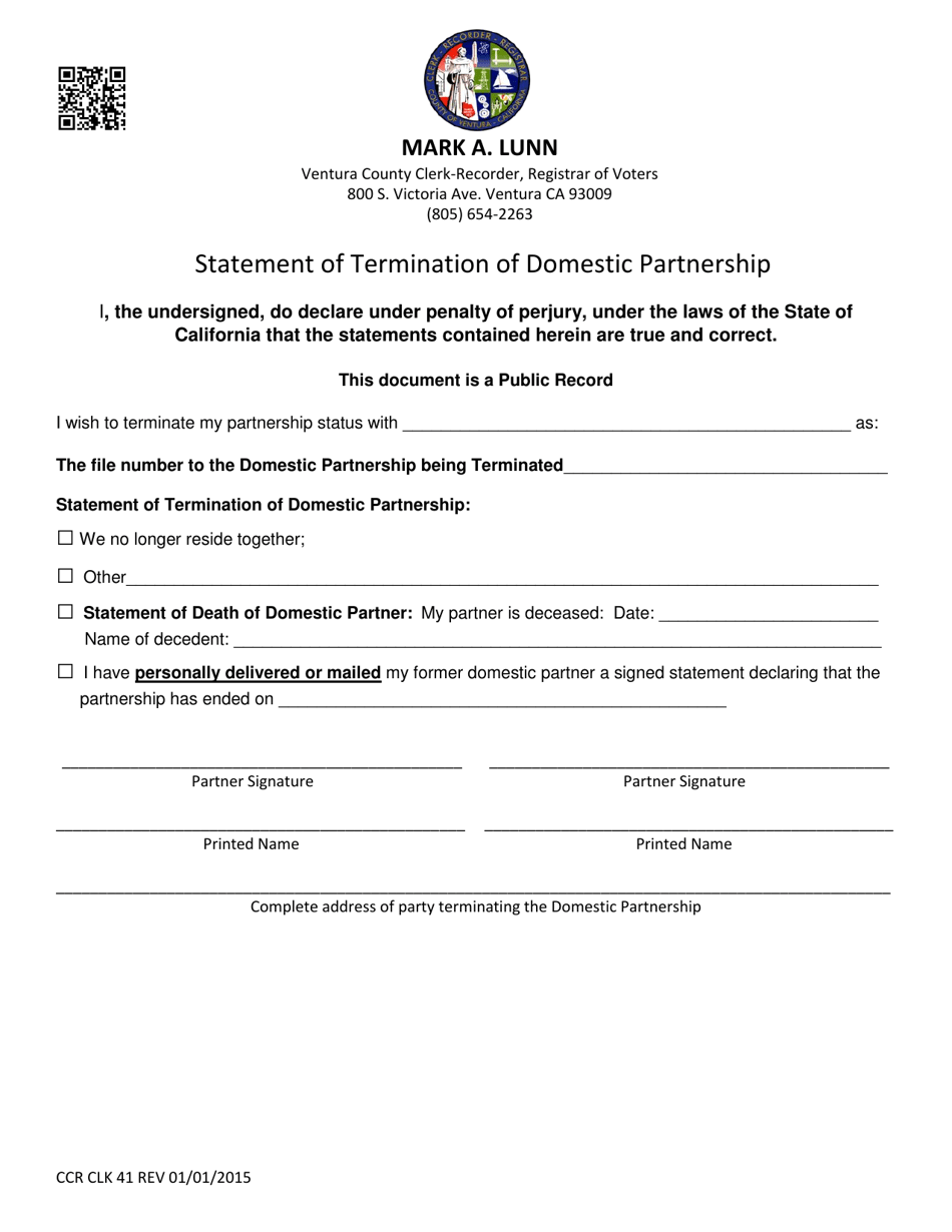 Form CCR CLK41 Statement of Termination of Domestic Partnership - California, Page 1