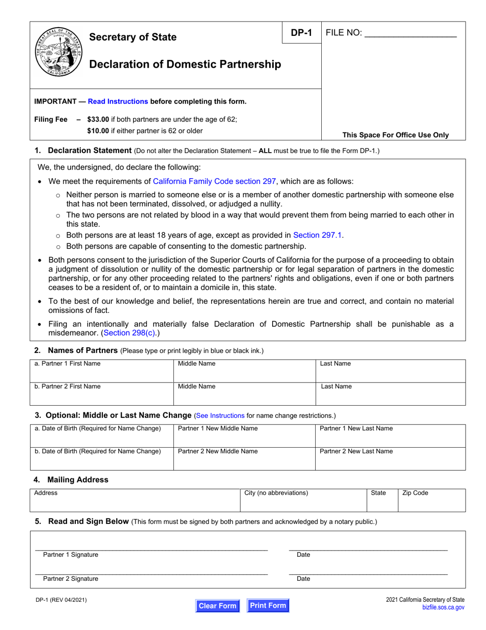 Form DP-1 Declaration of Domestic Partnership - California, Page 1