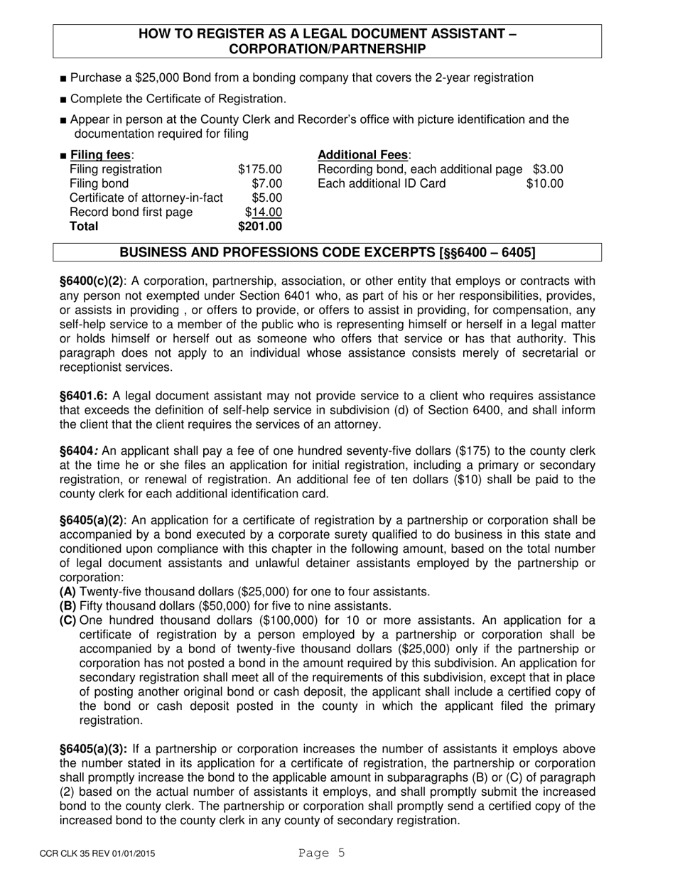 Form CCR CLK35 Registration as a Legal Document Assistant - Corporation / Partnership - Ventura County, California, Page 5