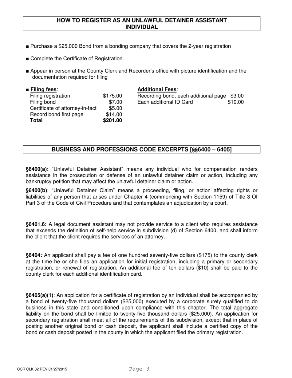 Form CCR CLK32 Registration as an Unlawful Detainer Assistant - Individual - Ventura County, California, Page 3