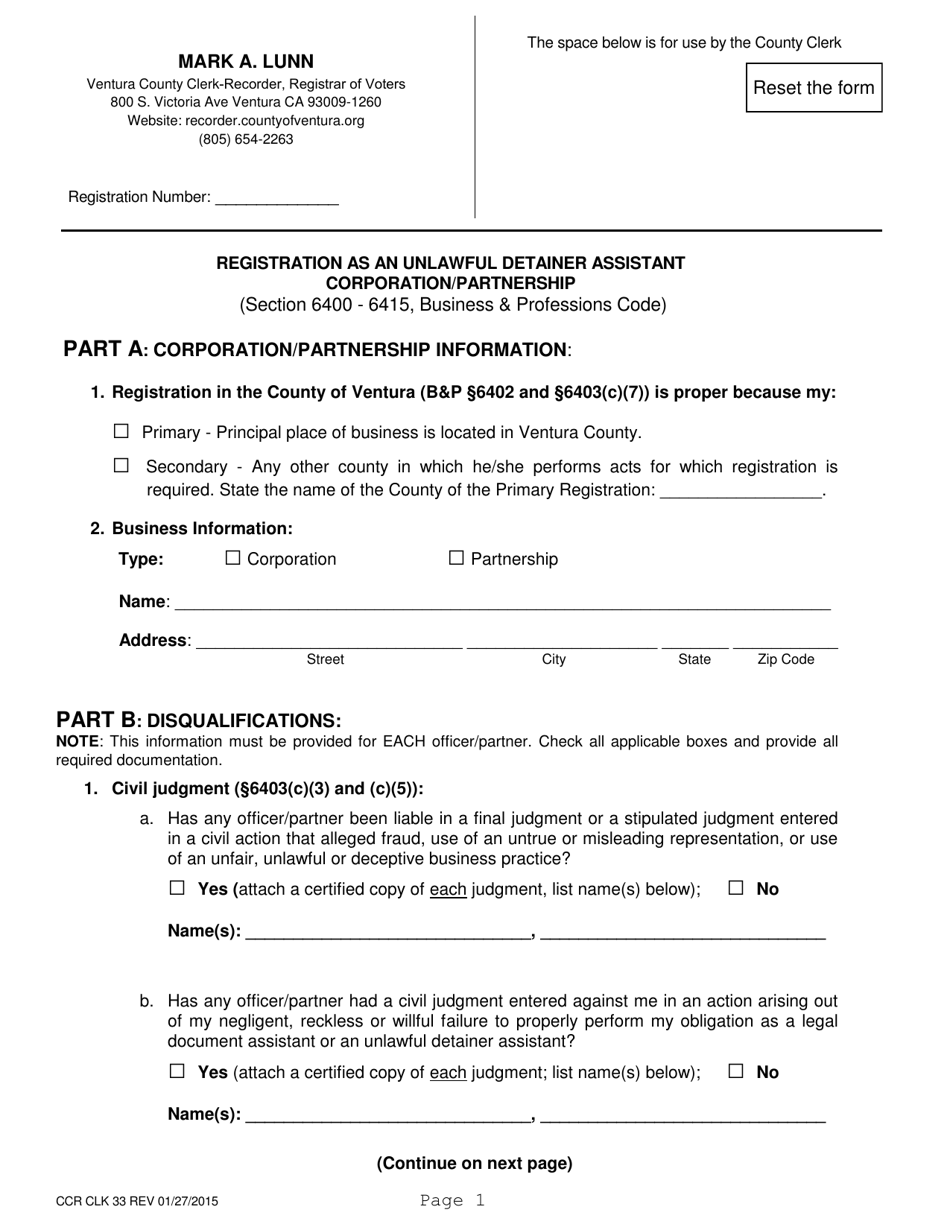 Form CCR CLK33 Registration as an Unlawful Detainer Assistant - Corporation / Partnership - Ventura County, California, Page 1