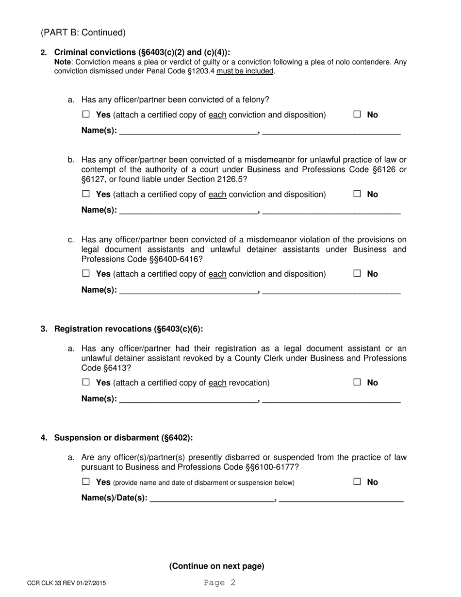 Form CCR CLK33 Registration as an Unlawful Detainer Assistant - Corporation / Partnership - Ventura County, California, Page 2