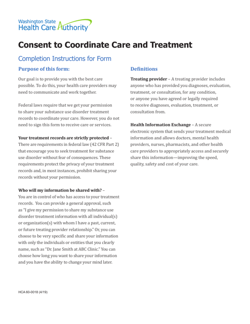 Form HCA60-0018 Consent to Coordinate Care and Treatment - Washington