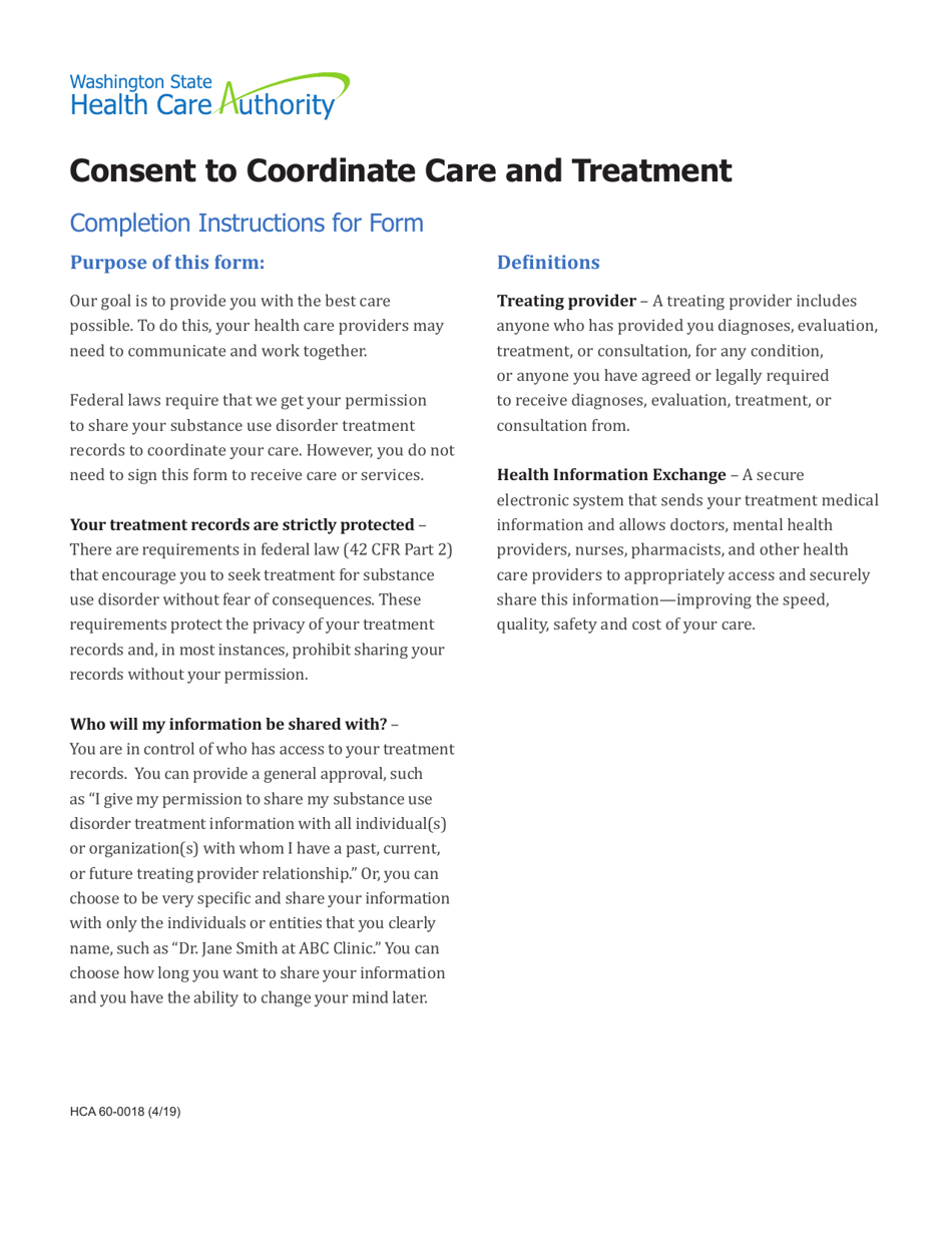 Form HCA60-0018 Consent to Coordinate Care and Treatment - Washington, Page 1