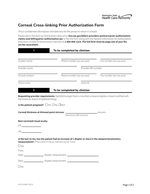 Form HCA13-0087 Corneal Cross-linking Prior Authorization Form - Washington
