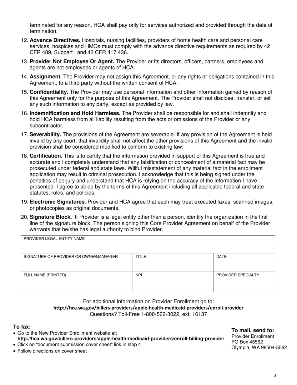 Form HCA09-015 Core Provider Agreement - Washington, Page 3