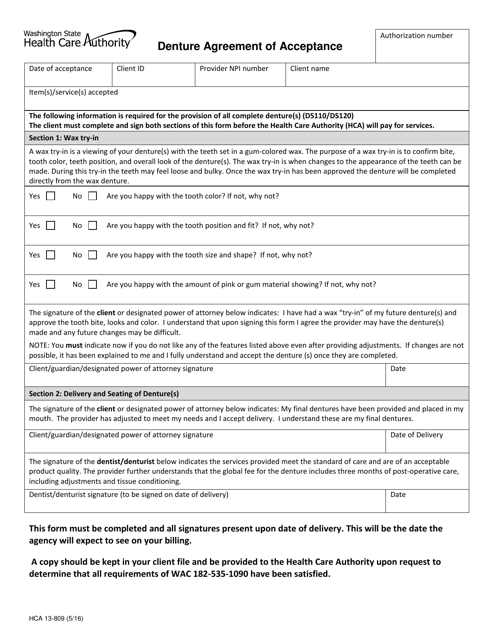 Form HCA13-809 Denture Agreement of Acceptance - Washington