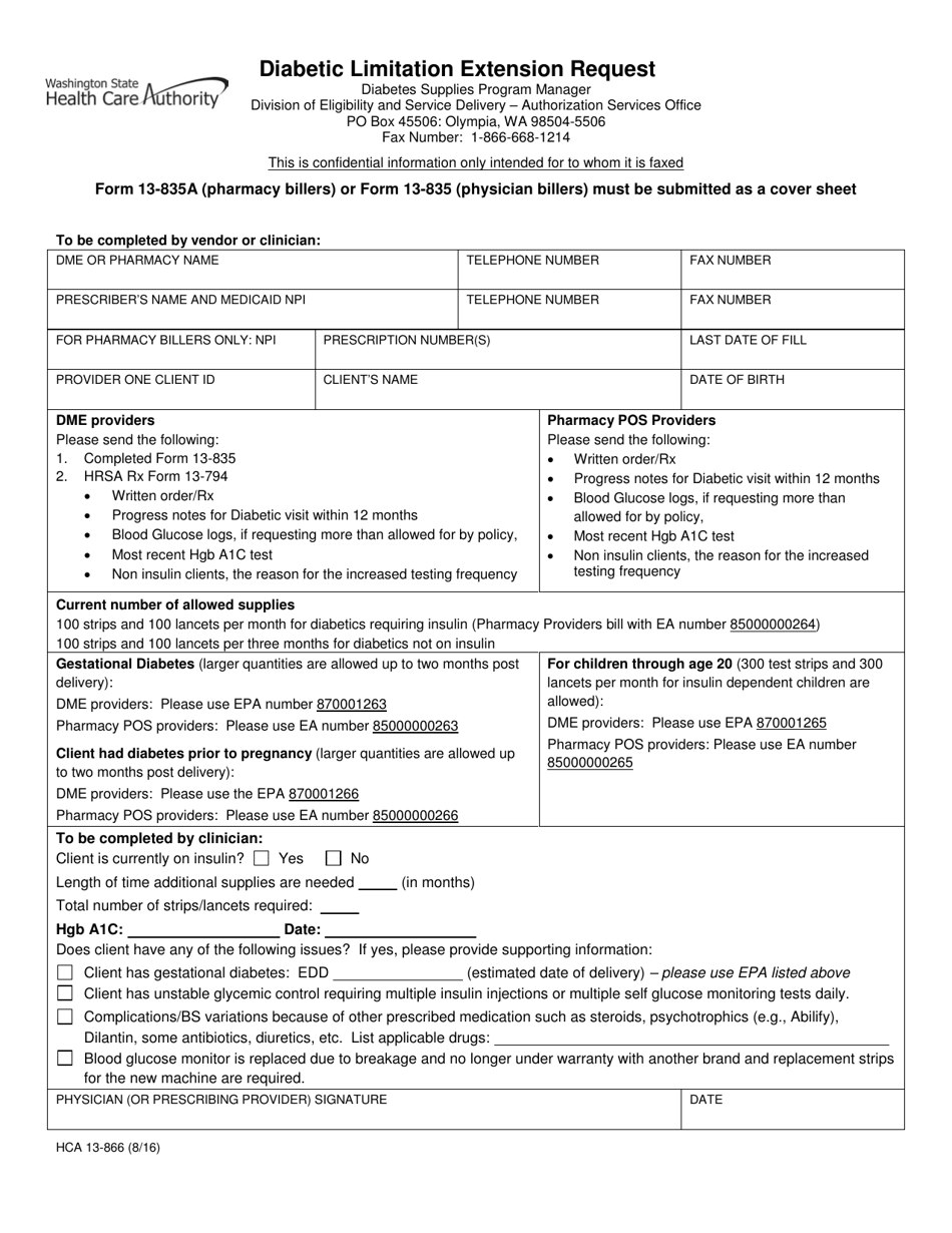 Form HCA13-866 Diabetic Limitation Extension Request - Washington, Page 1