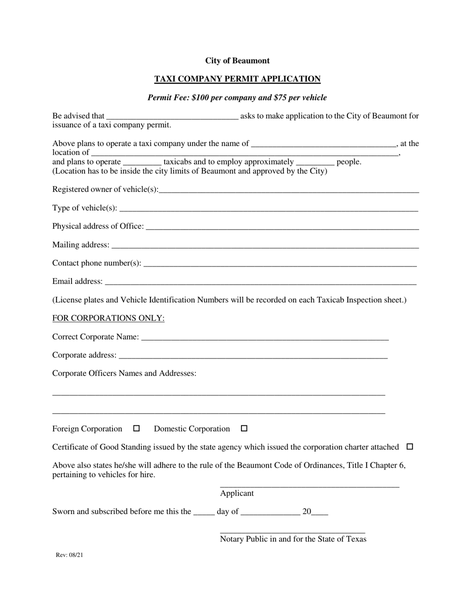 Taxi Company Permit Application - City of Beaumont, Texas, Page 1