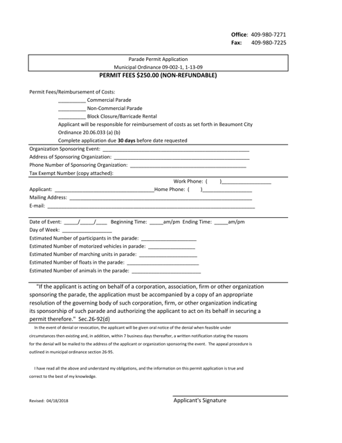 Document preview: Parade Permit Application - City of Beaumont, Texas