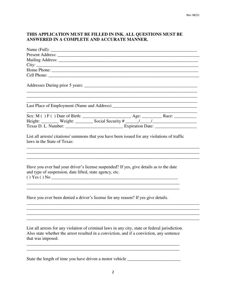 City of Beaumont, Texas Taxicab Chauffeur's License Application Form ...