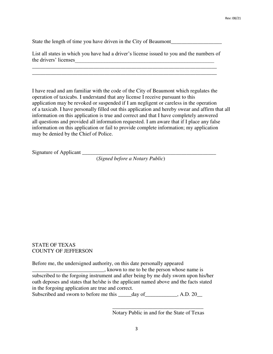 Taxicab Chauffeurs License Application Form - City of Beaumont, Texas, Page 3