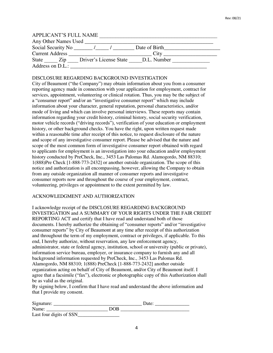 Taxicab Chauffeurs License Application Form - City of Beaumont, Texas, Page 4