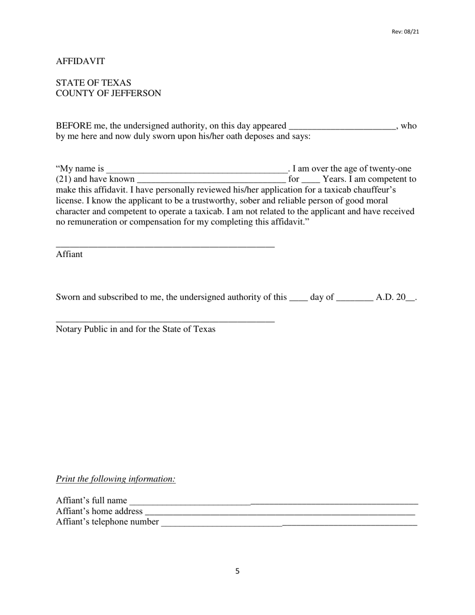 Taxicab Chauffeurs License Application Form - City of Beaumont, Texas, Page 5