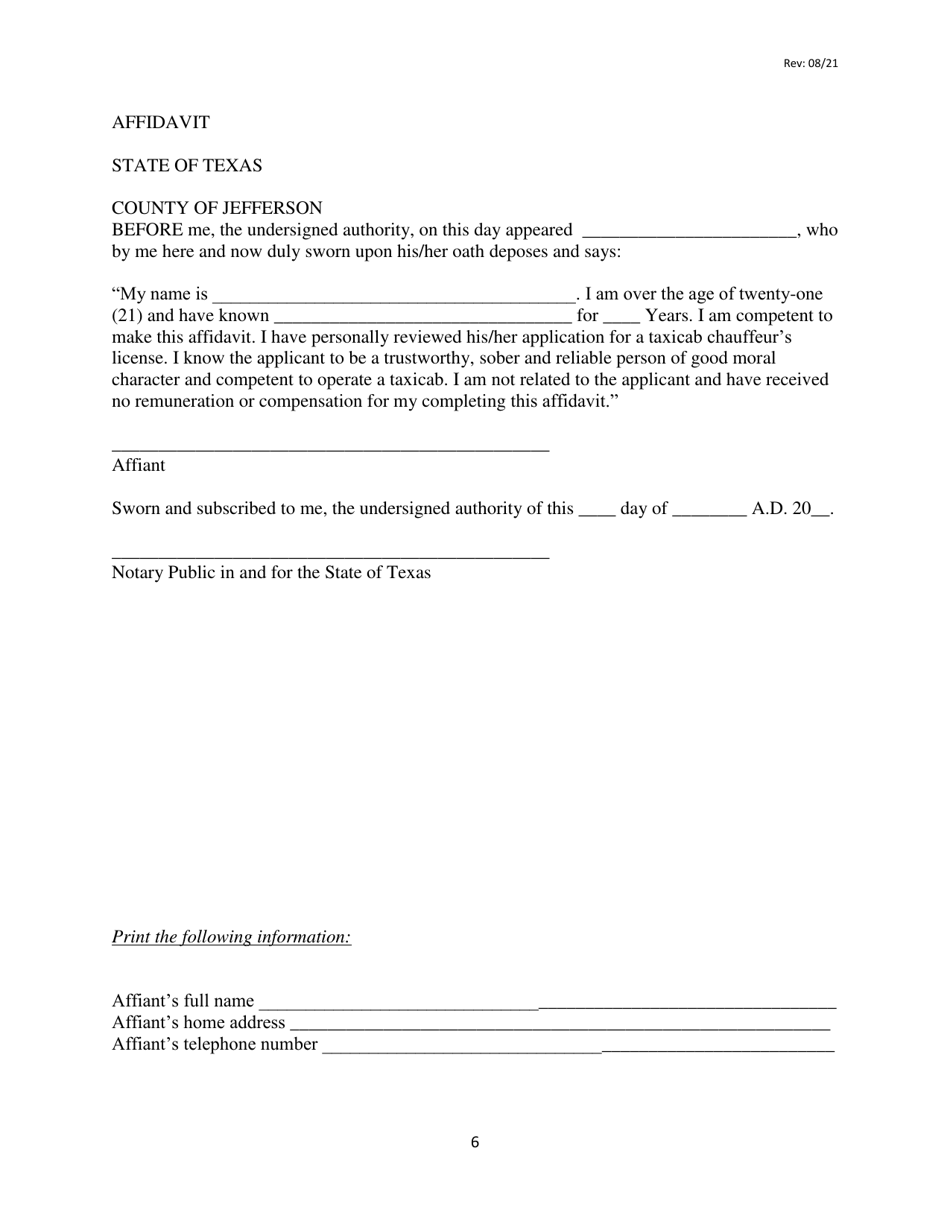 Taxicab Chauffeurs License Application Form - City of Beaumont, Texas, Page 6
