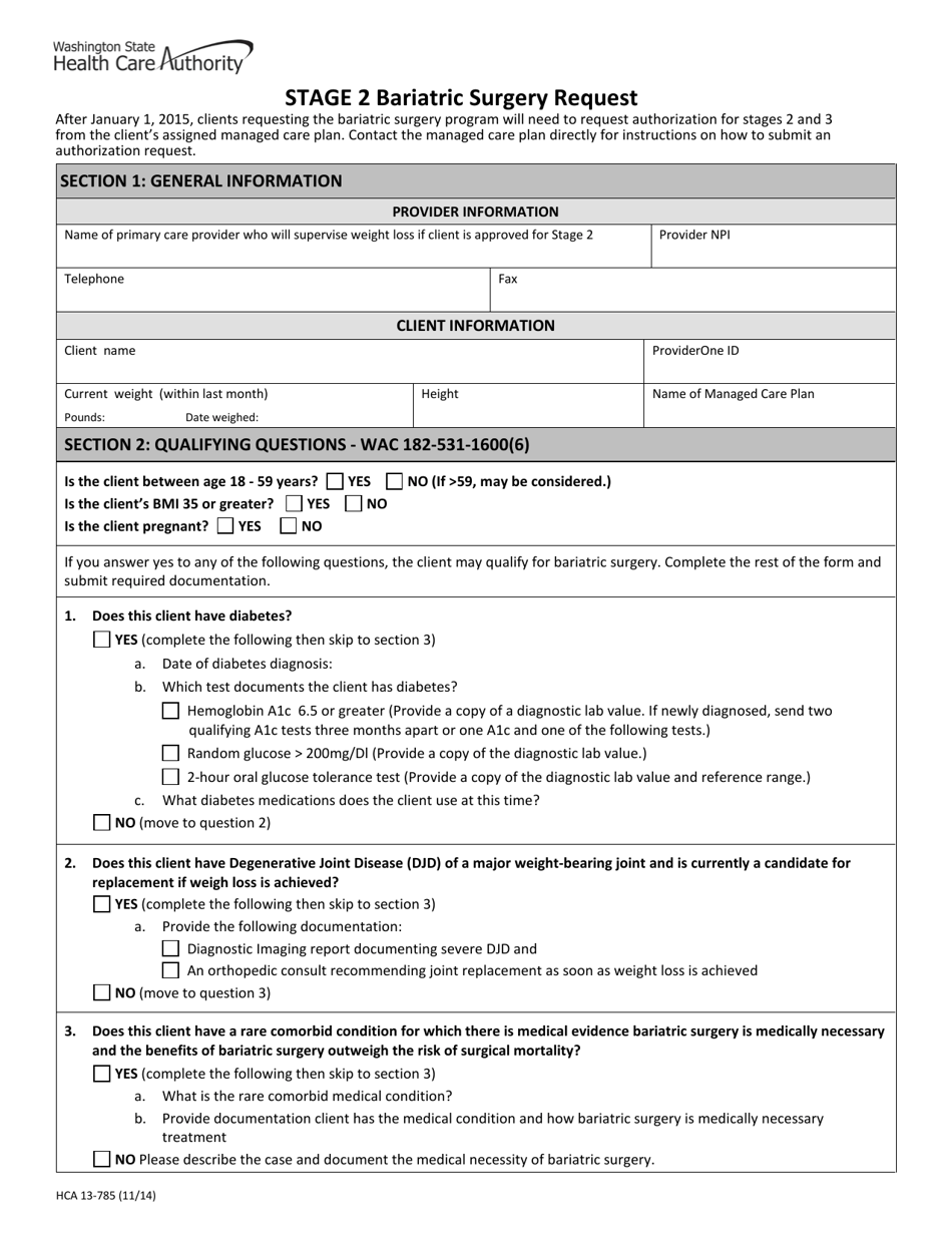 Form HCA13-785 Stage 2 Bariatric Surgery Request - Washington, Page 1