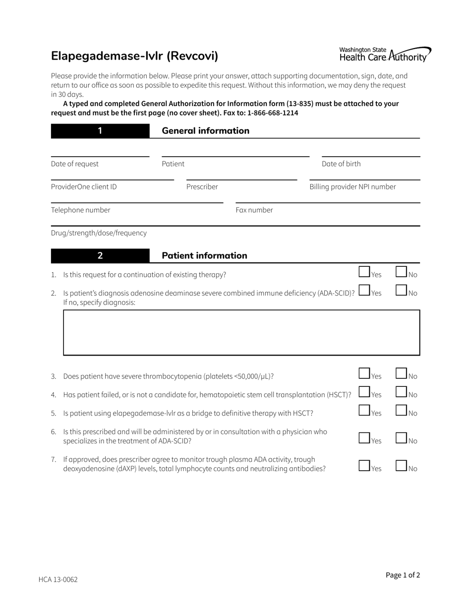 Form HCA13-0062 Elapegademase-Lvlr (Revcovi) Authorization Request - Washington, Page 1