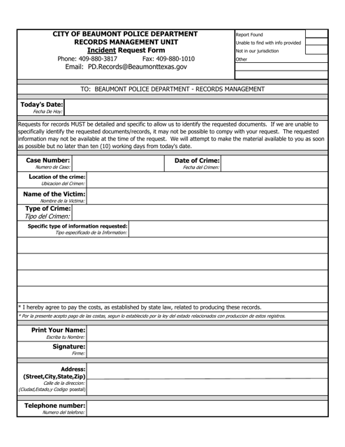 Incident Request Form - City of Beaumont, Texas (English / Spanish) Download Pdf