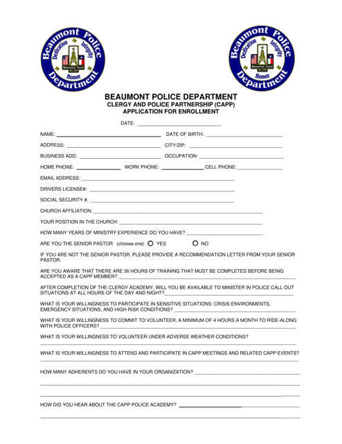 Clergy and Police Partnership (Capp) Application for Enrollment - City of Beaumont, Texas Download Pdf