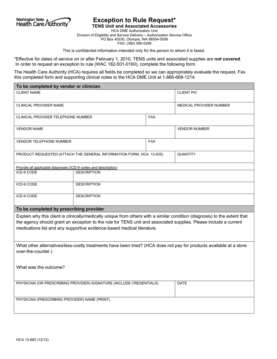Form HCA13-882 Exception to Rule Request (Tens Unit and Associated Accessories) - Washington, Page 1