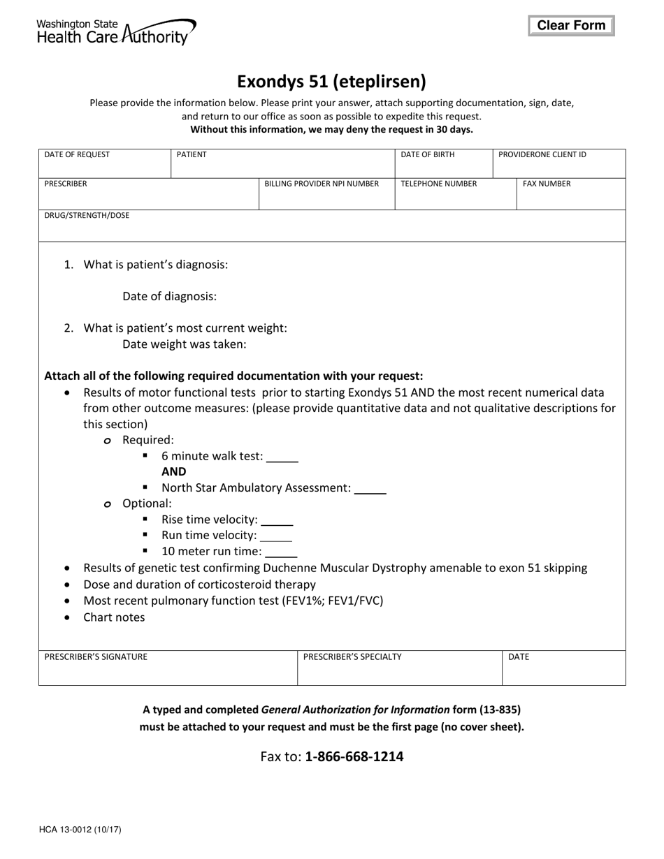 Form HCA13-0012 Exondys 51 (Eteplirsen) Request Form - Washington, Page 1