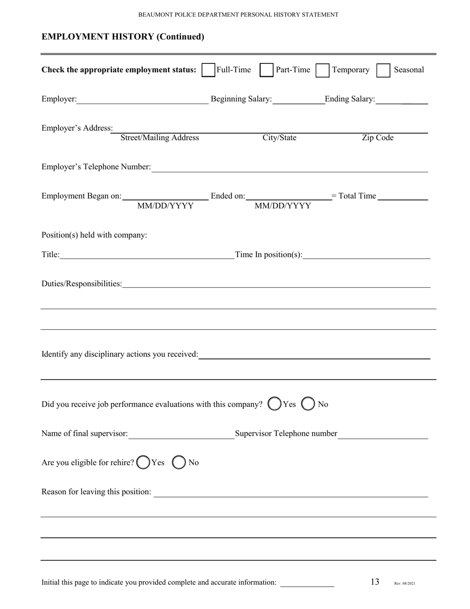 Personal History Statement for Police Department Applicants - City of Beaumont, Texas, Page 13