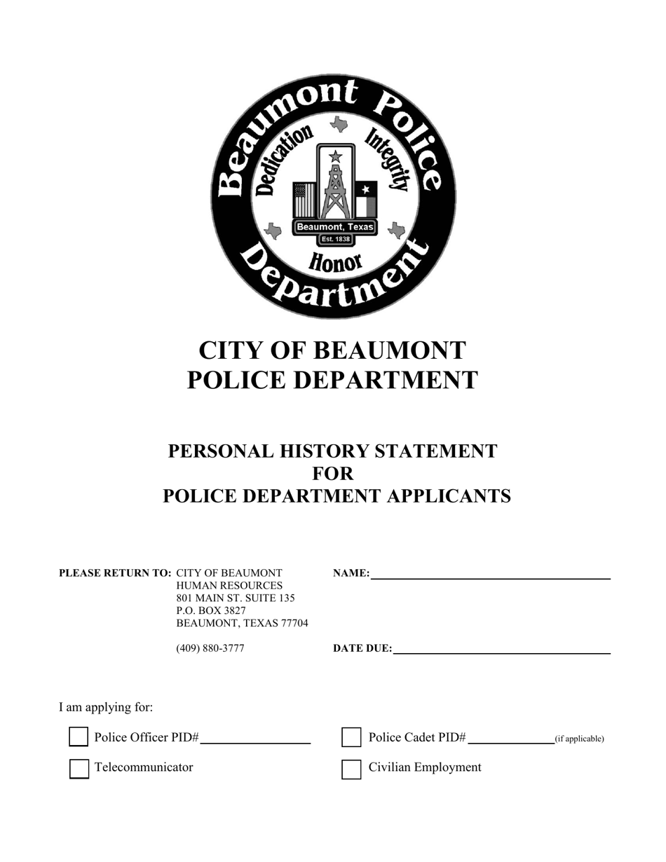 Personal History Statement for Police Department Applicants - City of Beaumont, Texas, Page 1