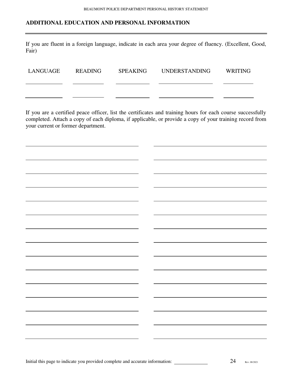 Personal History Statement for Police Department Applicants - City of Beaumont, Texas, Page 24
