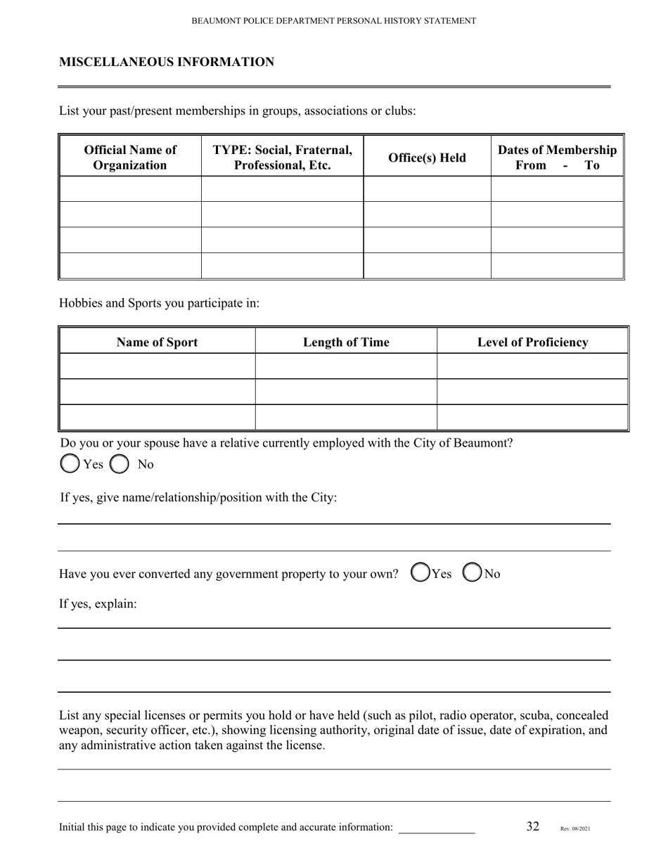 Personal History Statement for Police Department Applicants - City of Beaumont, Texas, Page 32