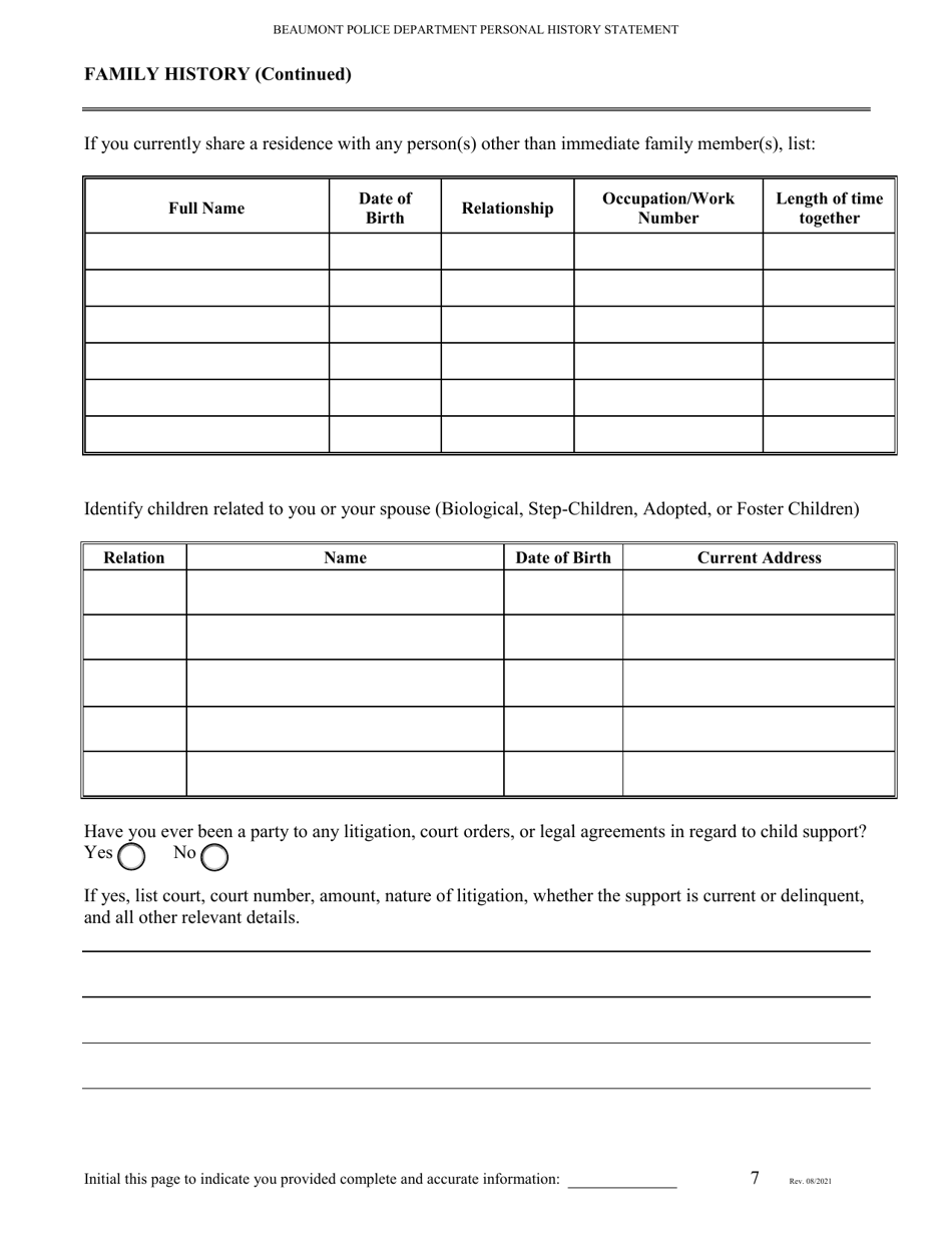 Personal History Statement for Police Department Applicants - City of Beaumont, Texas, Page 7