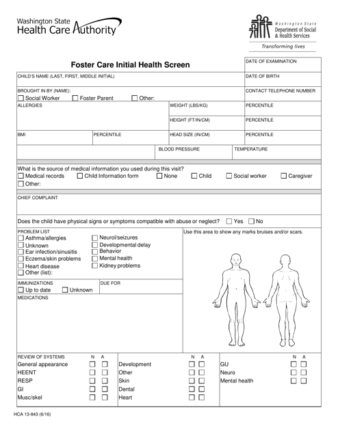 Form HCA13-843 Foster Care Initial Health Screen - Washington