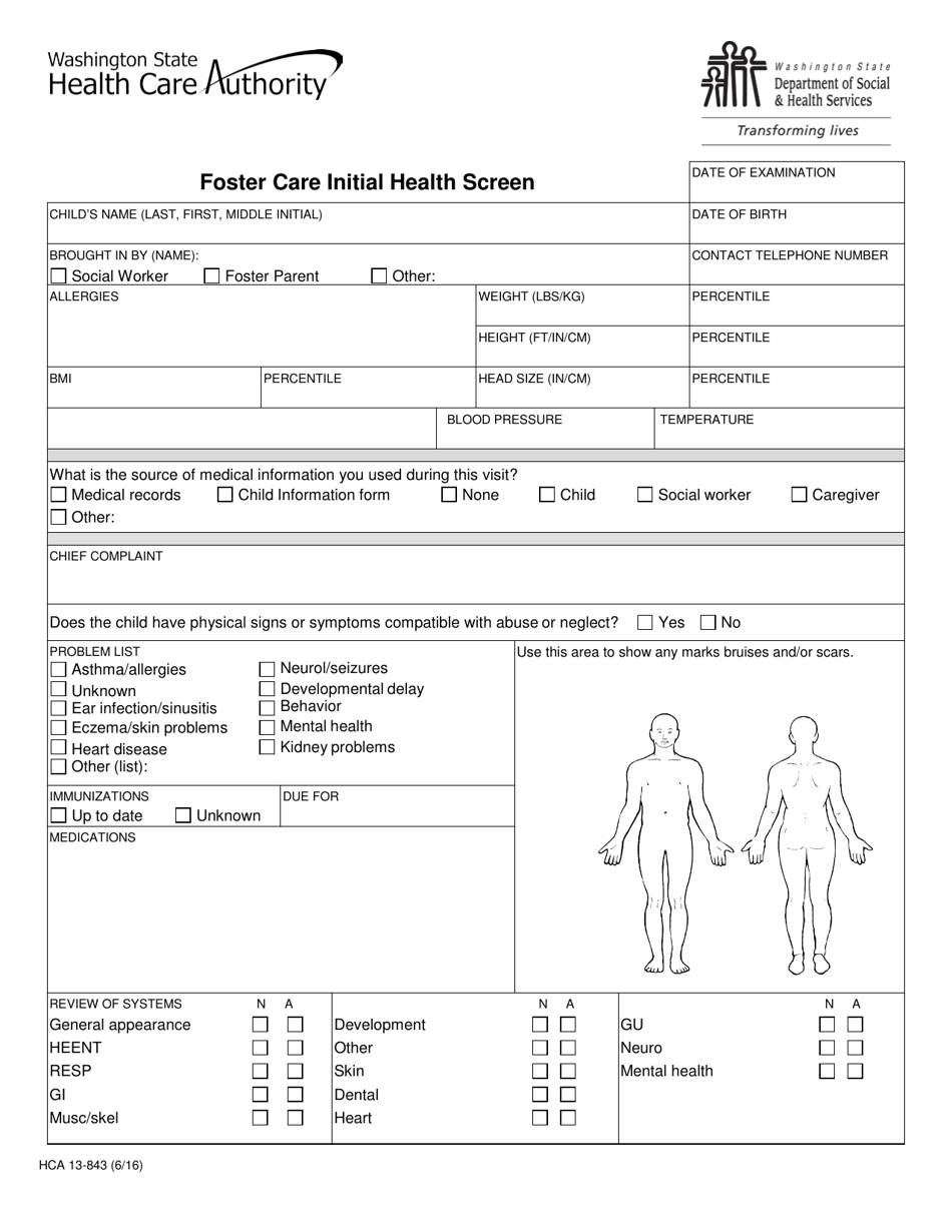 Form HCA13-843 Foster Care Initial Health Screen - Washington, Page 1