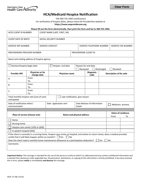 Form HCA13-746 Hca/Medicaid Hospice Notification - Washington