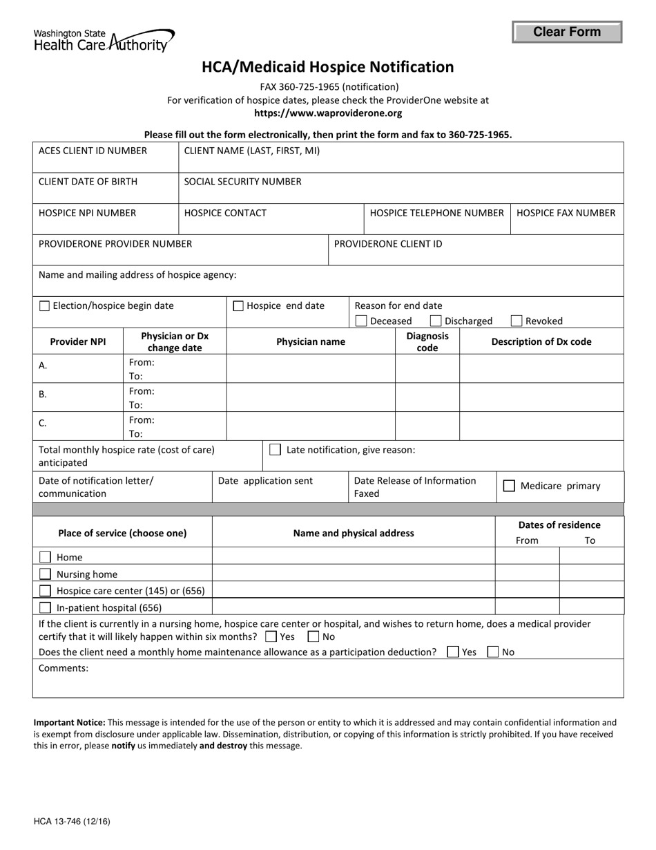 Form HCA13-746 Hca / Medicaid Hospice Notification - Washington, Page 1