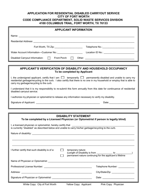 Application for Residential Disabled Carryout Service - City of Fort Worth, Texas Download Pdf