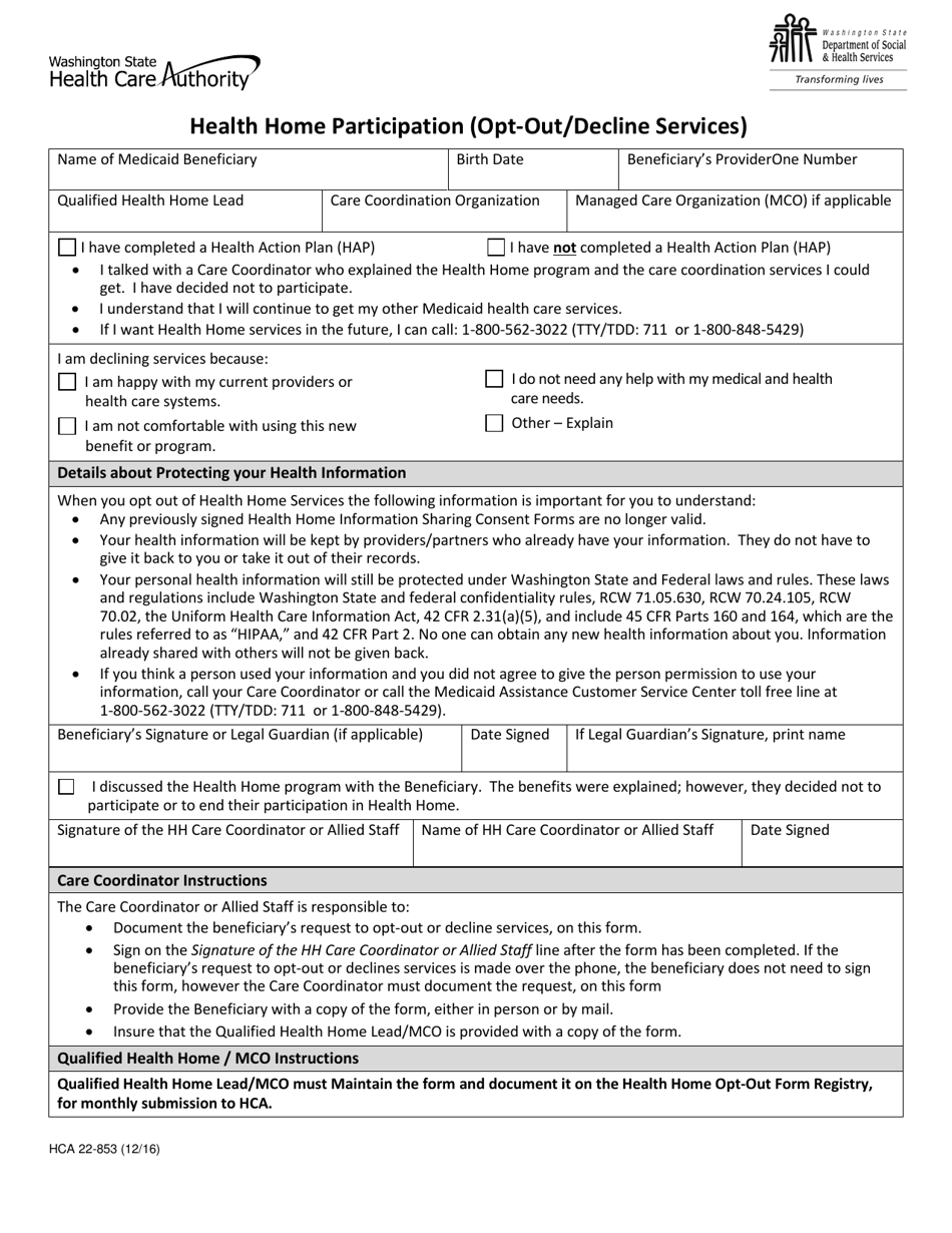 Form HCA22-853 Health Home Participation (Opt-Out / Decline Services) - Washington, Page 1