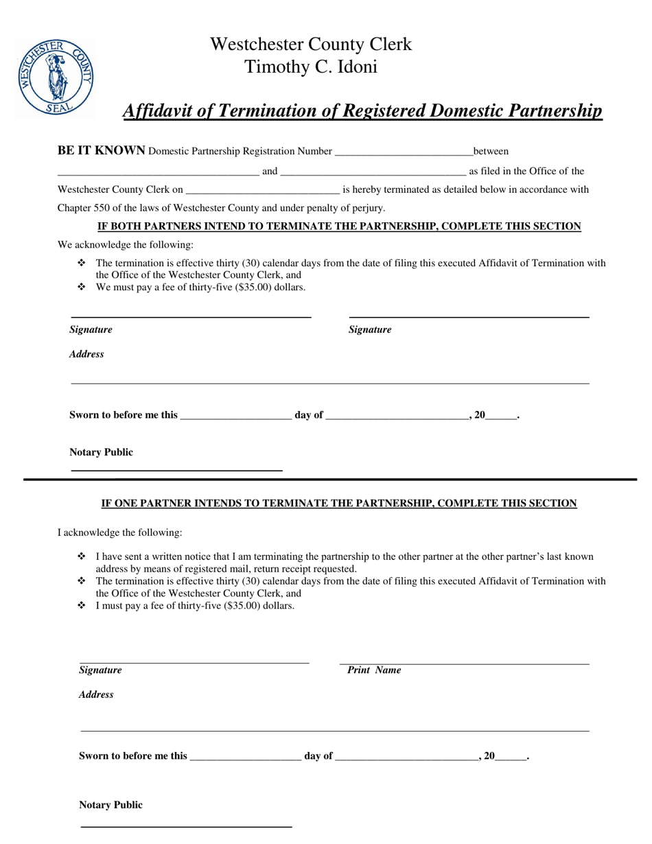 Affidavit of Termination of Registered Domestic Partnership - Westchester County, New York, Page 1