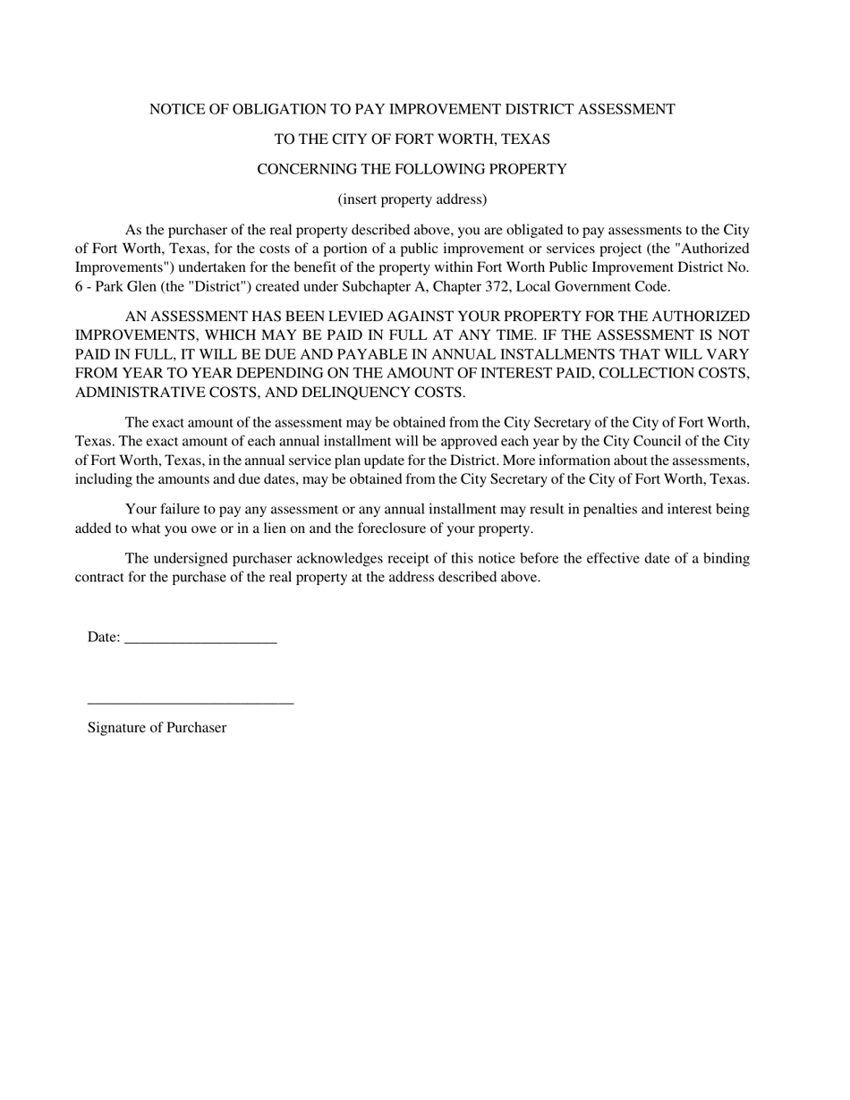 Notice of Obligation to Pay Improvement District Assessment - Pid 6: Park Glen - City of Fort Worth, Texas, Page 1