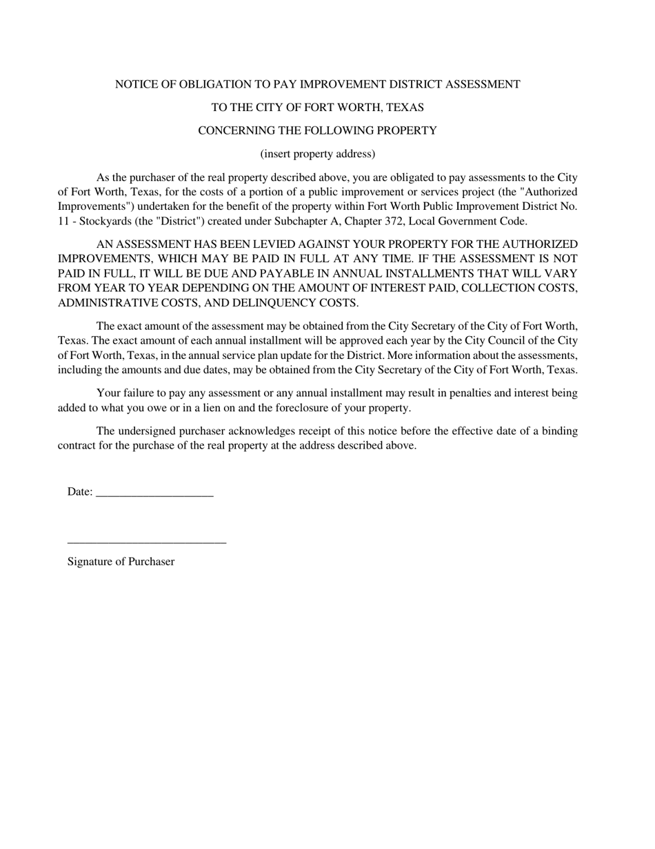 Notice of Obligation to Pay Improvement District Assessment - Pid 11: Stockyards - City of Fort Worth, Texas, Page 1