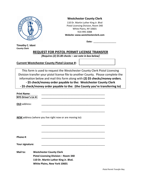 Request for Pistol Permit License Transfer - Westchester County, New York Download Pdf