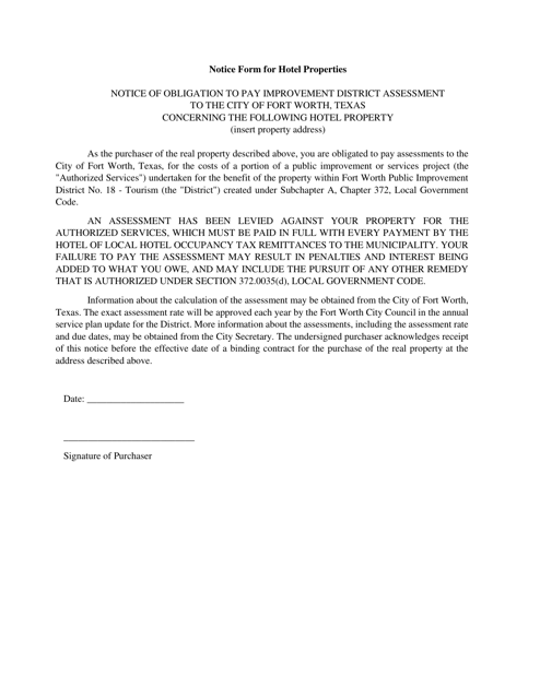 Notice of Obligation to Pay Improvement District Assessment - Pid 18: Tourism - City of Fort Worth, Texas