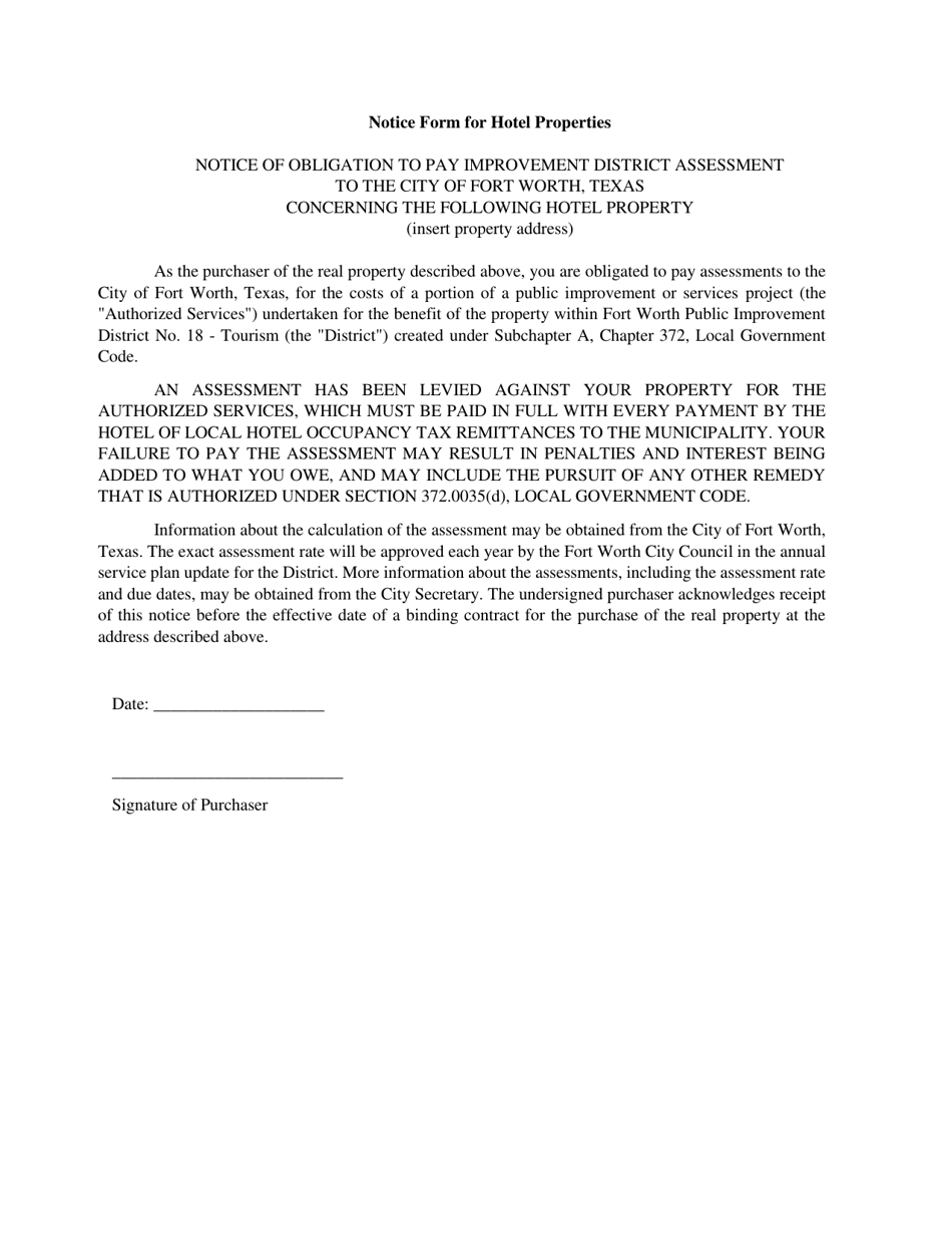Notice of Obligation to Pay Improvement District Assessment - Pid 18: Tourism - City of Fort Worth, Texas, Page 1