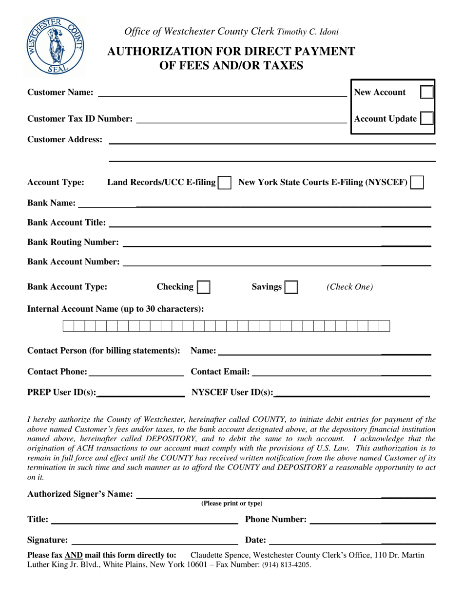 Westchester County, New York Authorization for Direct Payment of Fees