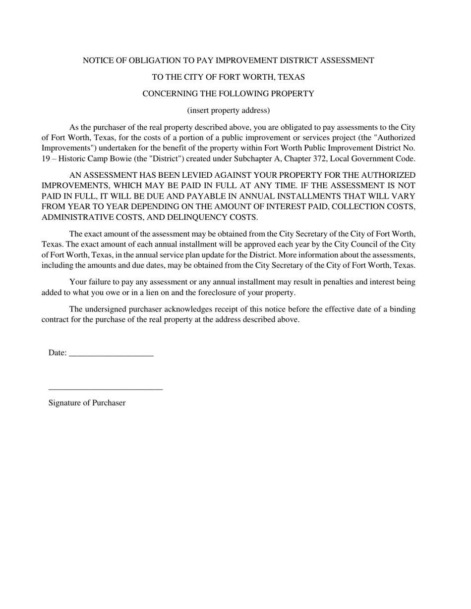 Notice of Obligation to Pay Improvement District Assessment - Pid 19: Historic Camp Bowie - City of Fort Worth, Texas, Page 1
