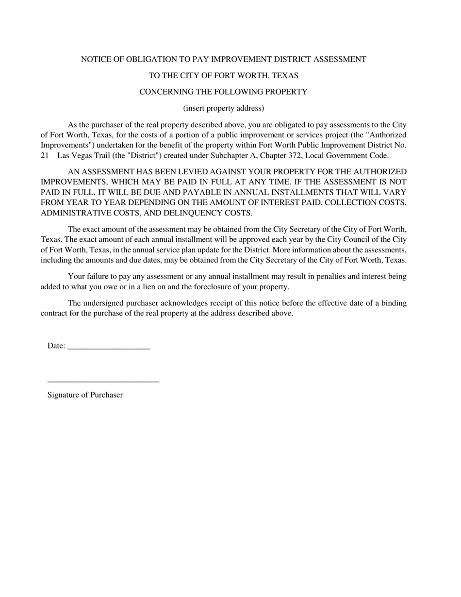 Notice of Obligation to Pay Improvement District Assessment - Pid 21: Las Vegas Trail - City of Fort Worth, Texas, Page 1