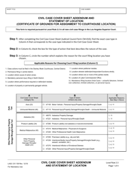 Form LACIV109 Civil Case Cover Sheet Addendum and Statement of Location (Certificate of Grounds for Assignment to Courthouse Location) - County of Los Angeles, California