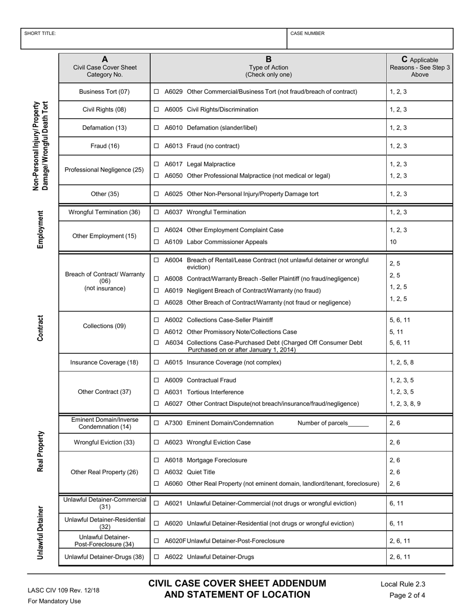 Form LACIV109 Civil Case Cover Sheet Addendum and Statement of Location (Certificate of Grounds for Assignment to Courthouse Location) - County of Los Angeles, California, Page 2