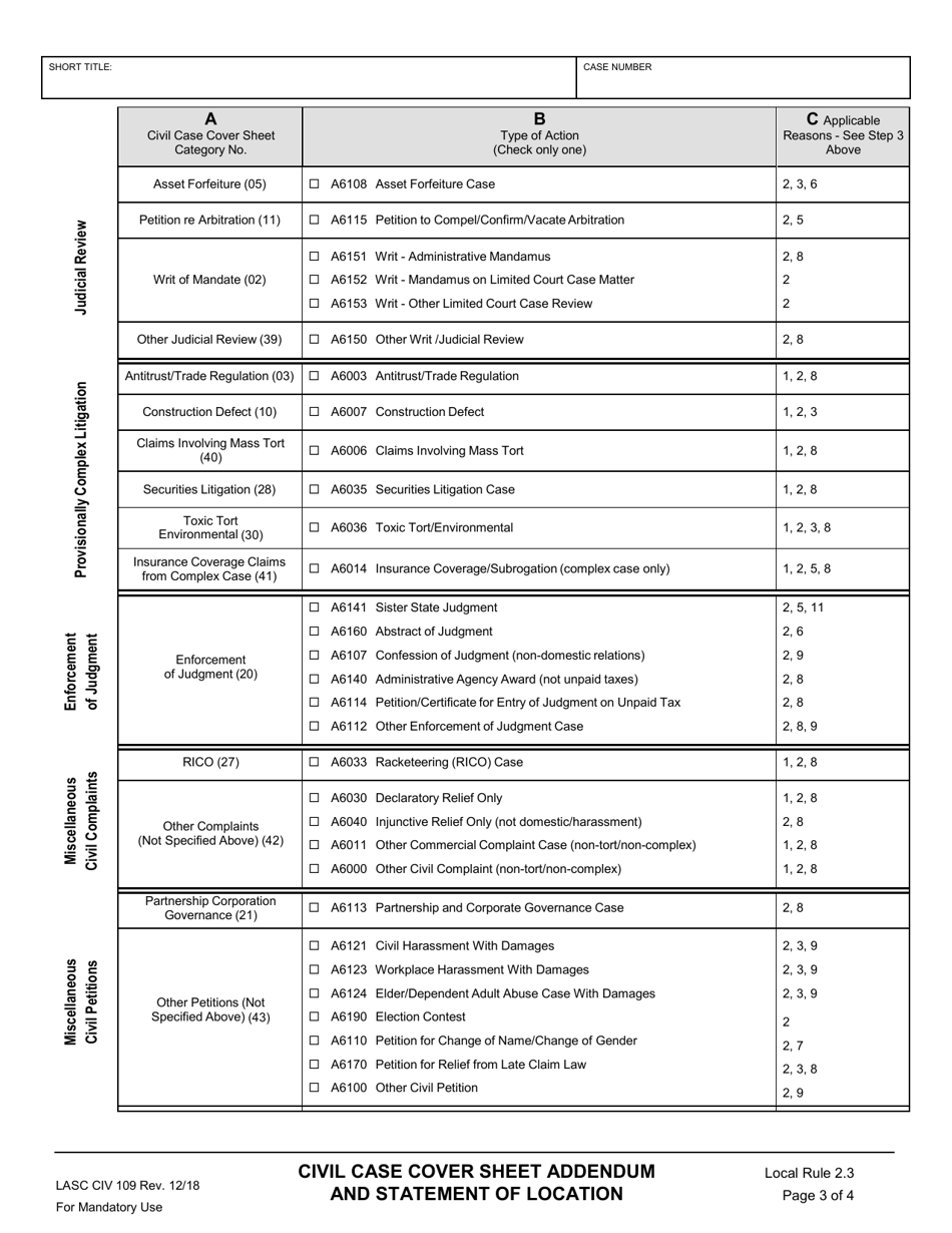 Form LACIV109 Civil Case Cover Sheet Addendum and Statement of Location (Certificate of Grounds for Assignment to Courthouse Location) - County of Los Angeles, California, Page 3