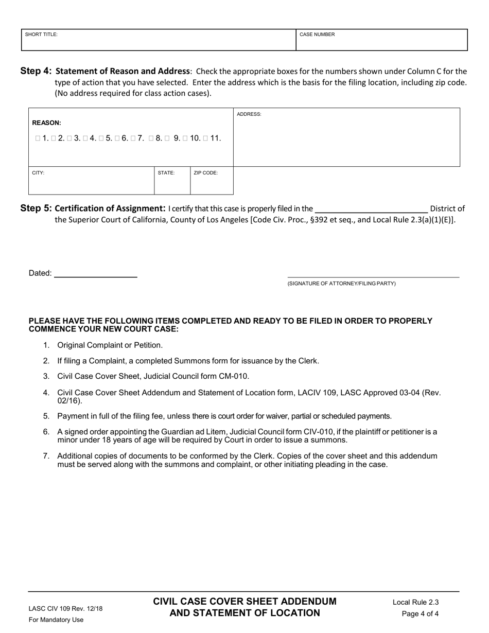 Form LACIV109 Civil Case Cover Sheet Addendum and Statement of Location (Certificate of Grounds for Assignment to Courthouse Location) - County of Los Angeles, California, Page 4